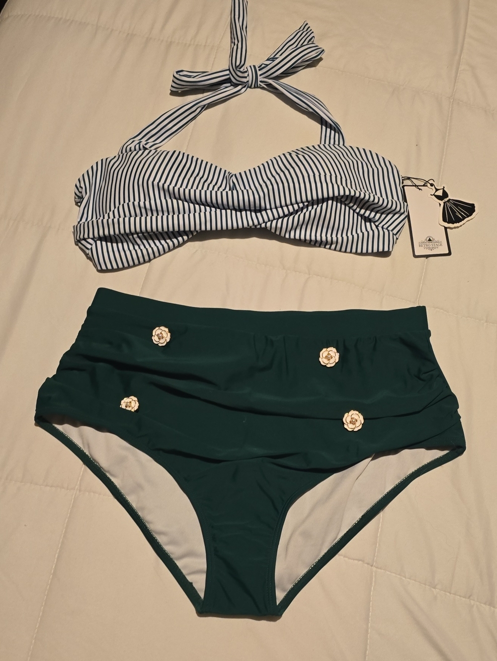 Striped Halter Bikini Top with Dark Green High-Waist Bottoms